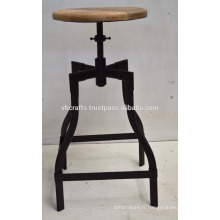 Tabouret de bar industriel base tubulaire en métal bois rond en bois de mangue